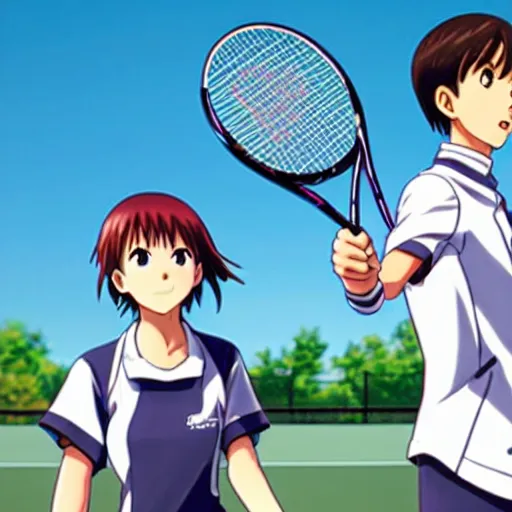 Prompt: shinji ikari and rei iyanami at anime high school playing tennis with eva - 0 1 in the background of the city on a sunny and clear day