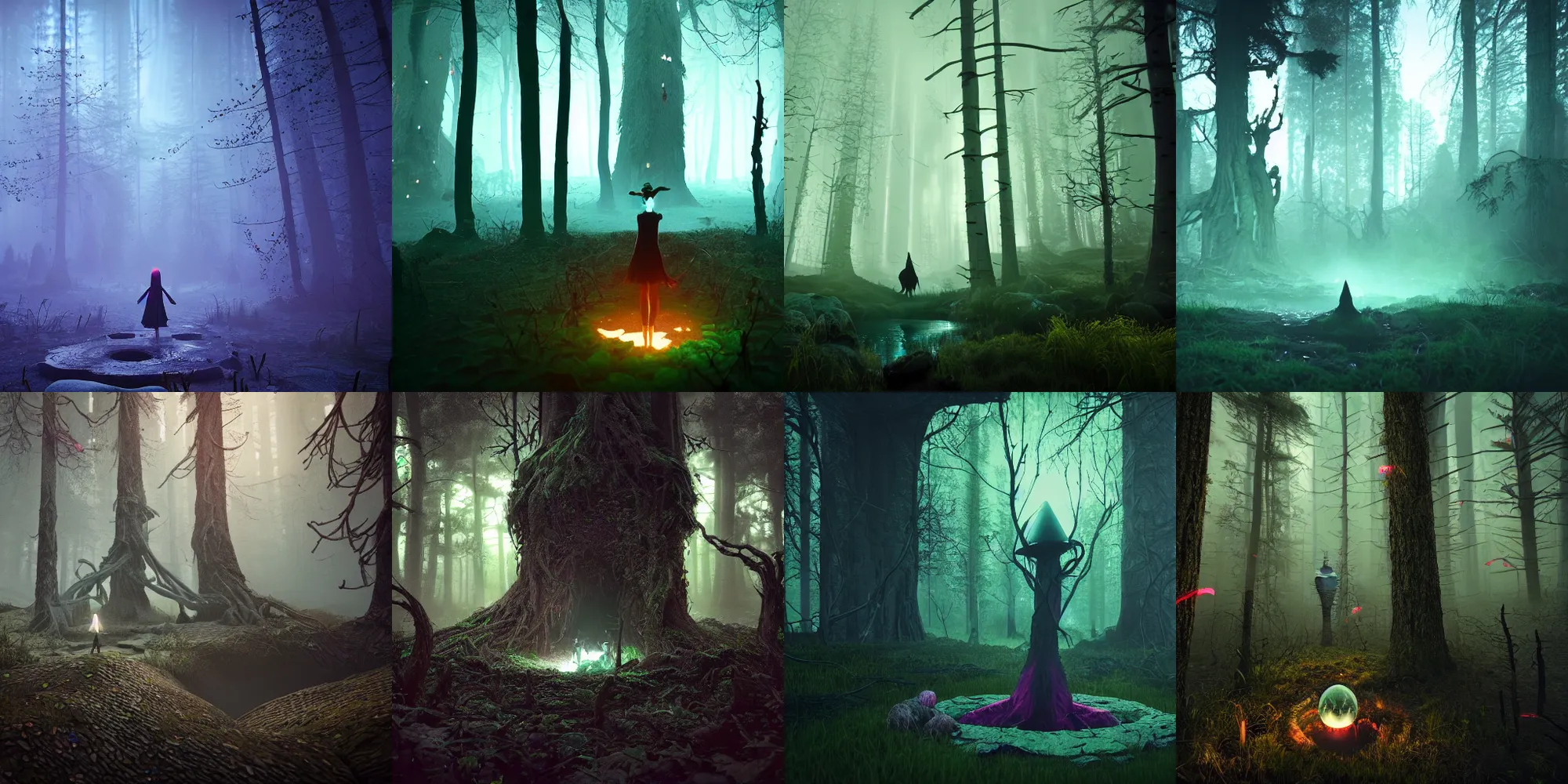 Prompt: beautiful dark forest landscape, a creepy witch crawling out of a creepy glowing well, in the style of beeple and Mike Winkelmann, photo real, ultra realistic, intricate, epic lighting, 8k resolution, unreal engine 5, ultraviolet colors,