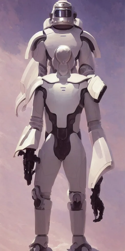 Image similar to a man with a futuristic white space armor, in the style of studio ghibli, j. c. leyendecker, greg rutkowski, artem