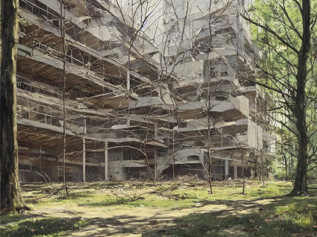 Image similar to A beautiful painting of a dilapidated post-modern building in the wood, by Coby Whitmore, Trending on artstation, very detailed