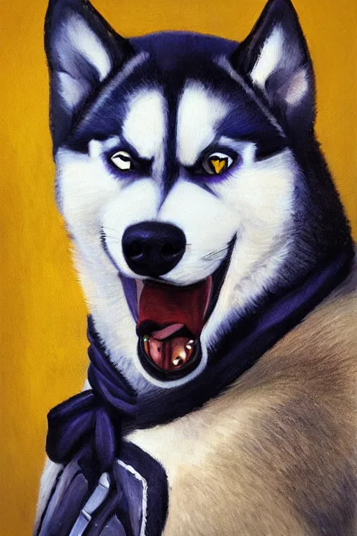 Image similar to a portrait painting of a husky in cowboy costume in the style of anime, a fistful of dollars, per un pugno di dollari, humanoid, personify, anthropomorphic