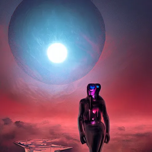 Image similar to surreal, nuclear blast and a full red moon eclipse, cyberpunk, art by bryen frost