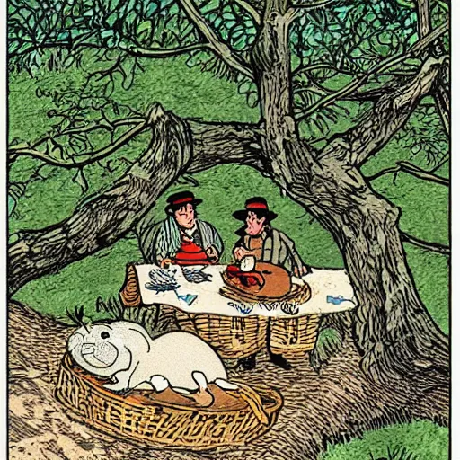 Prompt: “mole and water rat having a picnic under a tree on the river bank, coloured storybook illustration from wind in the willows, by herge (tintin)”