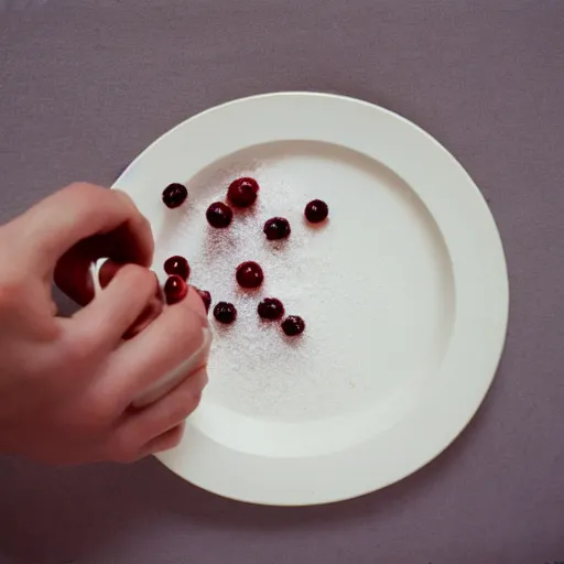 Image similar to a man eats currants with sugar in a plate in the kitchen, hyper realistic, hyper detailed, fujicolor superia 1 6 0 0 photo, cfg _ scale 8