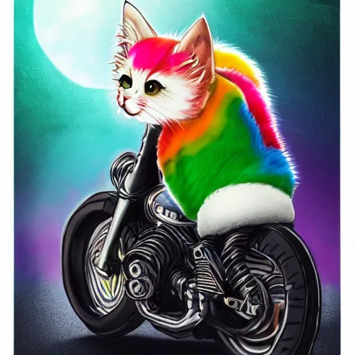 Image similar to wide angle full body, jacket wearing fluffy cute rainbow kitten wearing a black leather motorcycle jacket, riding on a motorcycle, cinematic concept art