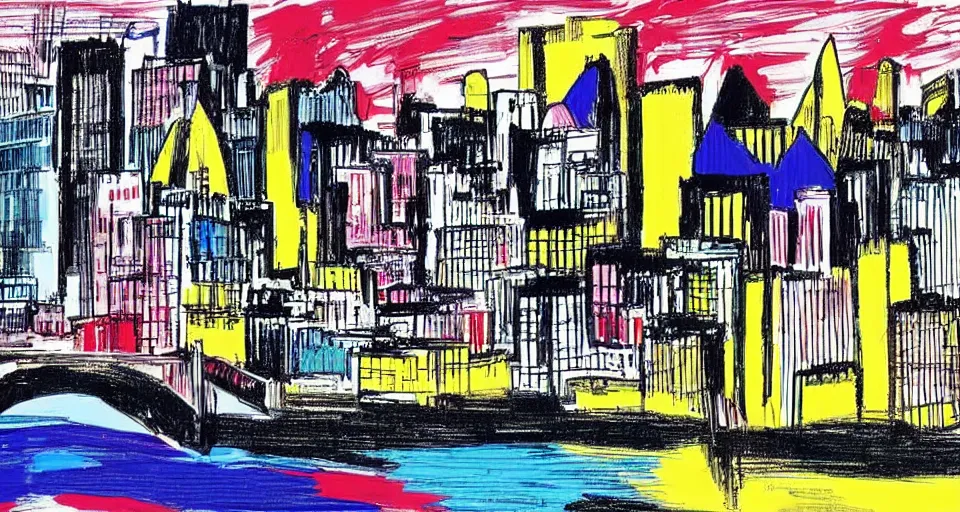 Image similar to color sketch of the london skyline, highly detailed, dramatic lighting, intense shadows, rich deep colours, by roy lichtenstein