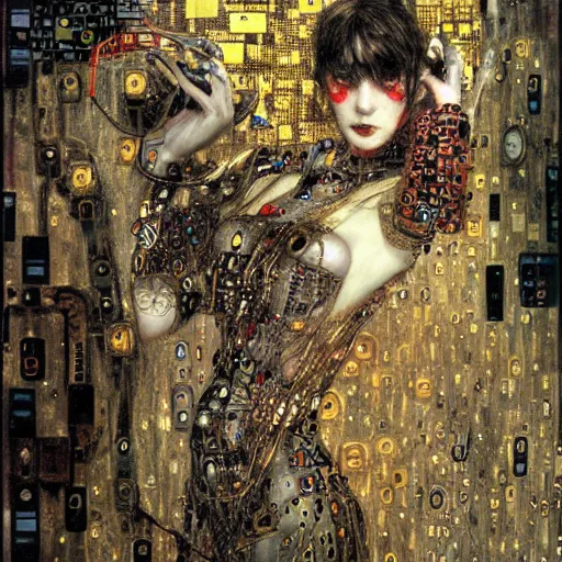 Image similar to depraved cybernetic vampire trapped in circuitry, intricate detail, klimt, miro, royo, whealan,