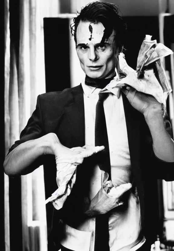 Prompt: joe bidden stars in american psycho, joe bidden, joe bidden is patrick bateman, film photography, joe bidden