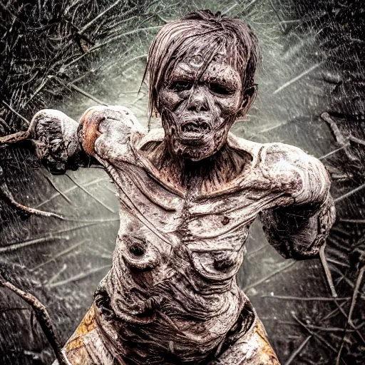 Image similar to a peat bog mummy climbing from the bog, snarling and angry, hyper realistic, photo, midday, rain