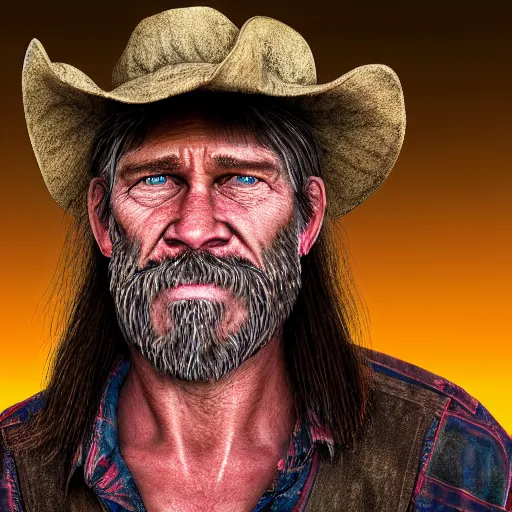 Image similar to film still photo portrait of a toothless middle aged 5 6 year old redneck hillbilly with a mullet, funky looking, realistic, hyperrealistic, 8 k resolution, hd quality, very detailed, highly detailed, intricate details, real life, real world, trending on artstation, digital art, really realistic, very realistic, headshot, head in frame, photograph, portrait