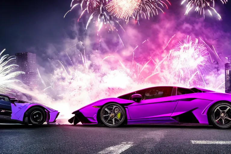 Prompt: hyper detailed purple lamborghini transformer, racing down a cyberpunk city street background, explosion background, fireworks 8 k photograph, dramatic lighting,