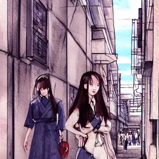 Prompt: a perfect, realistic professional digital sketch of a Japanese schoolgirls posing in a futuristic alleyway, style of Marvel, full length, by pen and watercolor, by a professional American senior artist on ArtStation, a high-quality hollywood-style sketch, on high-quality paper