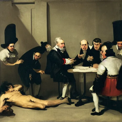 Image similar to The Anatomy Lesson of Dr. Nicolaes Tulp, by Francisco Goya and August Friedrich Schenck