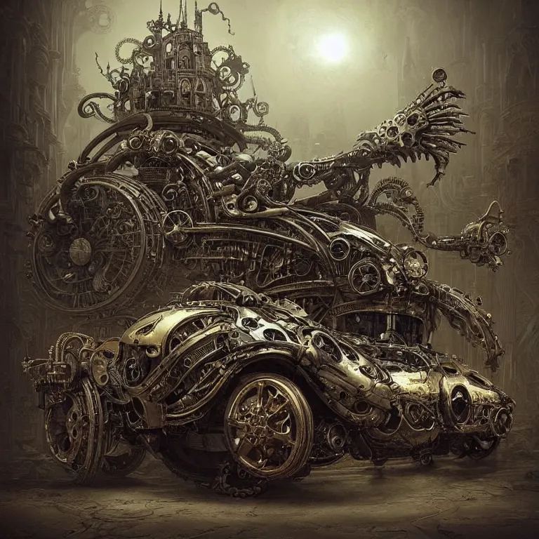 Image similar to biomechanical steampunk vehicle reminiscent of fast sportscar with robotic parts and (glowing) lights parked in ancient lush palace, gothic and baroque, brutalist architecture, ultradetailed, creepy ambiance, fog, artgerm, giger, Intricate by Ellen Jewett and Josan Gonzalez and Giuseppe Arcimboldo