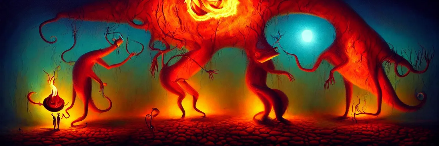 Image similar to whimsical creature freaks from the depths of the collective unconsciouis, dramatic lighting from fire glow, surreal darkly colorful painting by ronny khalil