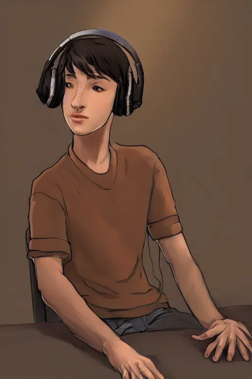 Prompt: a boy with headphones in a cafe, digital art, digital painting, masterpiece, concept art, trending on deviantart, highly detailed, high quality, anatomically correct, five fingers, cinematic, high coherence, soft lighting, soft colors, beautiful, elegant, short black hair, 4 k, symmetrical, realistic and detailed face, cartoon