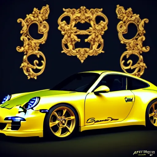 Image similar to black blue yellow porsche 9 1 1, complicated gold and blue flowers the baroque style decoration, dark fantasy, intricate, elegant, highly detailed, digital painting, artstation, concept art, matte, 3 d 8 k octane rendered, sharp focus, illustration, octane rendered, art by artgerm