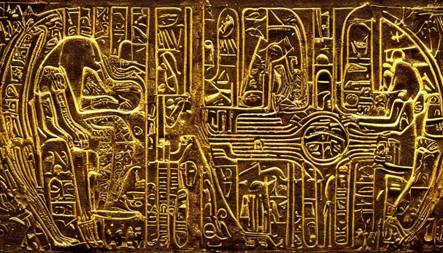 Prompt: h. r. giger hieroglyphs, hieroglyphs showing aliens and planet, sorrow intense likely, gold plate, sense of decay given, throw into the abyssal despair, various refining techniques, micro macro auto focus, top photography photo art gallery, realistic photo, insane detail