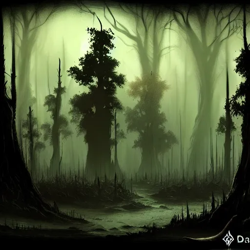 Image similar to dark fantasy landscape forest in the style of symbaroum