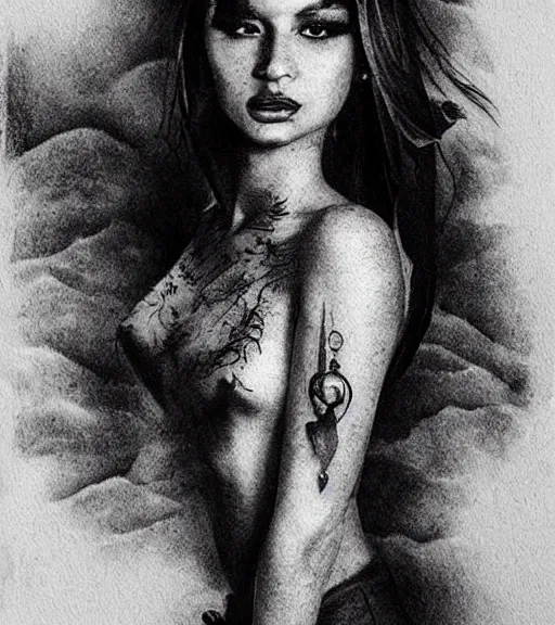 Image similar to tattoo design sketch of a beautiful girl portrait in front of a faded mountain background, in the style of den yakovlev, black and white, realism tattoo, hyper realistic, highly detailed