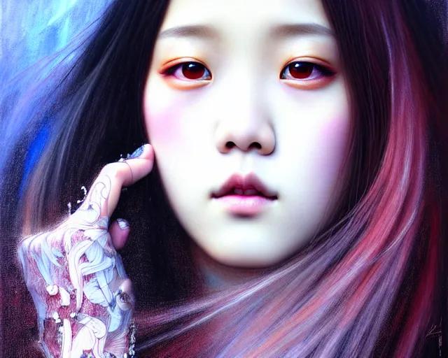 Image similar to jisoo from blackpink, portrait, tarot card, hyperrealistic, highly detailed, deep focus, intricate, elegant, digital painting, smooth, sharp focus, illustration, ultra realistic, 8 k, art by karol bak and agnes cecile