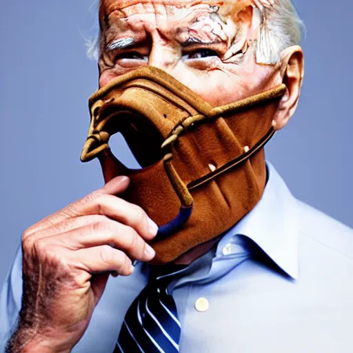 Prompt: uhd candid photo of joe biden wearing a basket - muzzle, with accurate face, real basket - muzzle, uhd, studio lighting, correct face, photo by annie leibovitz