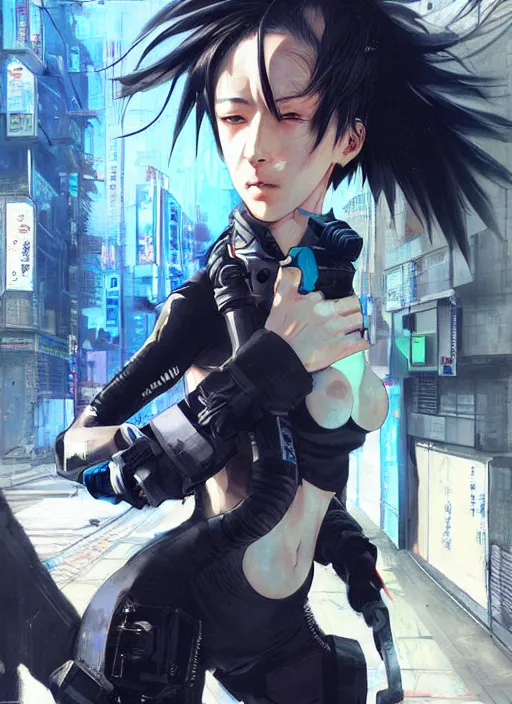 Image similar to hyper - realistic cyberpunk anime woman wearing inline skate, tokyo street, extreme detail, good face, model, concept art, in style of yoji shinkawa, pan ren wei, col price, atey ghailan, by greg rutkowski, aesthetic