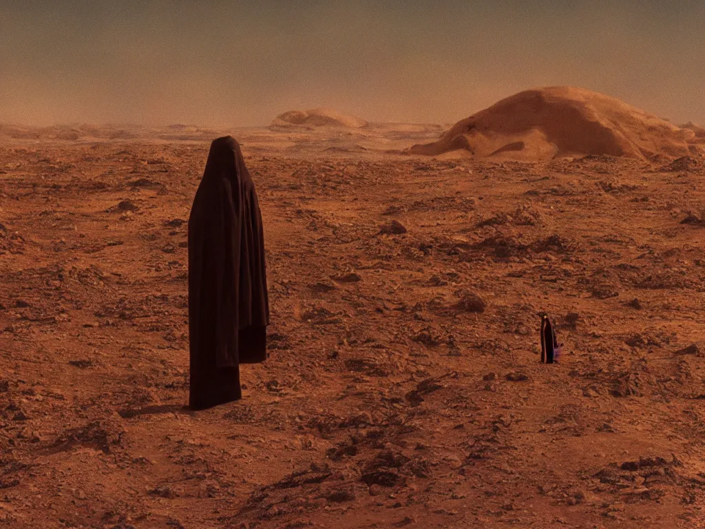 Prompt: glowing bene gesserit in full - face golden glowing mask in a black rocky desert landscape with alienabandoned city beneath the sand and giant alien spaceship in the sky attacks the earth by christopher doyle and alejandro jodorowsky, anamorphic lens, kodakchrome, cinematic composition, very detailed photo, 8 k,