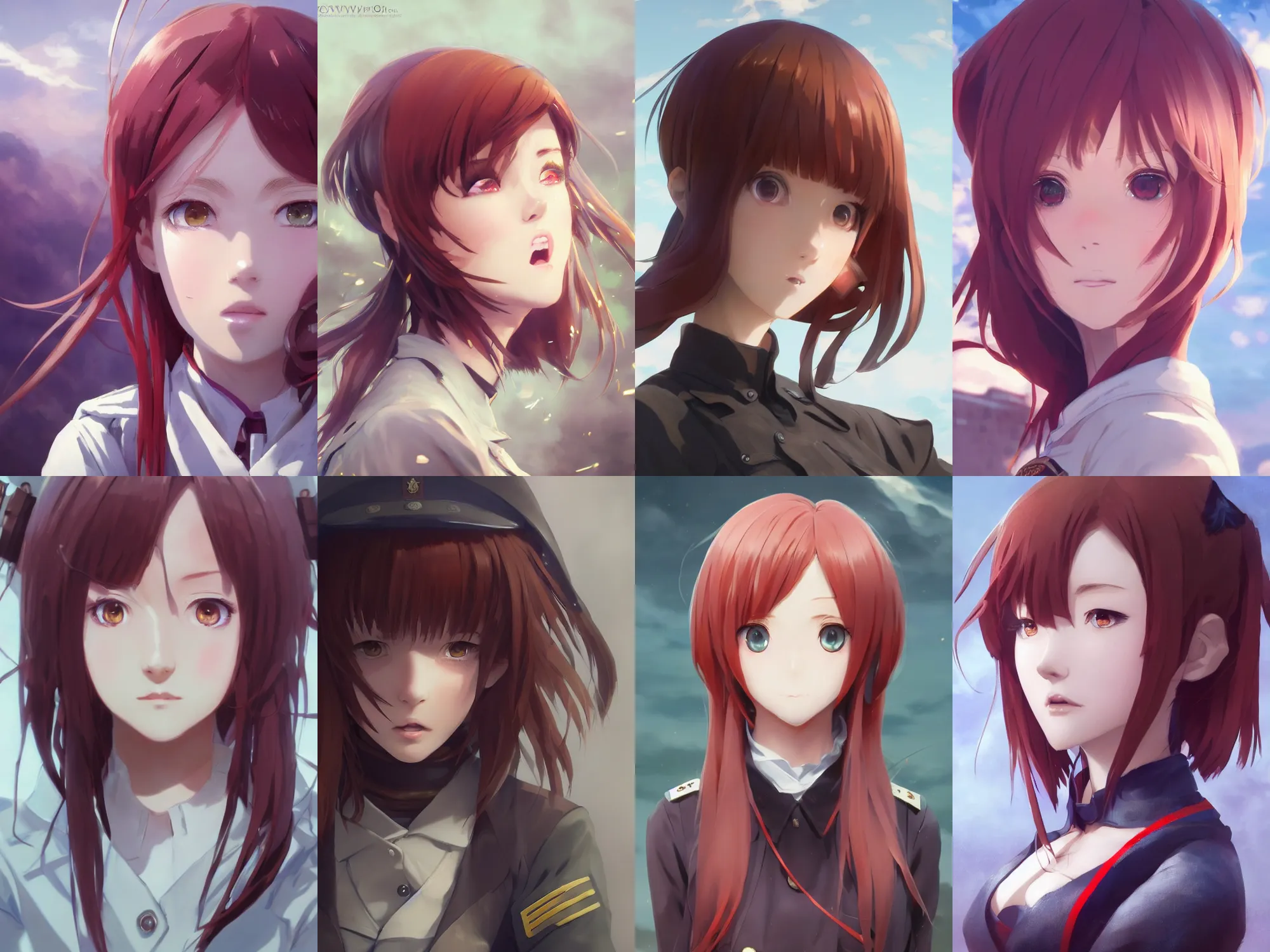 Prompt: Very complicated dynamic composition, realistic anime style at Pixiv by WLOP, ilya kuvshinov, krenz cushart, Greg Rutkowski, trending on artstation. Zbrush sculpt colored, Octane render in Maya and Houdini VFX, close-up portrait of redhead girl in motion, she is frightened, wearing military uniform, silky hair, stunning deep eyes. Very expressive and inspirational. Amazing textured brush strokes. Cinematic dramatic soft volumetric studio lighting