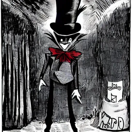 Image similar to a Pop Wonder scary horror themed goofy-hilarious-character Babadook-scarecrow-madhatter-williewonka-wearing a scarf, 3-piece-suit, dime-store-comic drawn with charcoal and pen and ink, half-tone-line-stacking