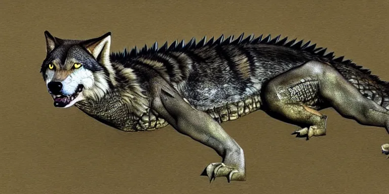 Image similar to chimera made of a wolf and a crocodile, photo of wolf, photo of crocodile, awarded on pixiv, ultra realism, fantasy, trending on deviantart, realistic wood swamp, professional photoshop artwork