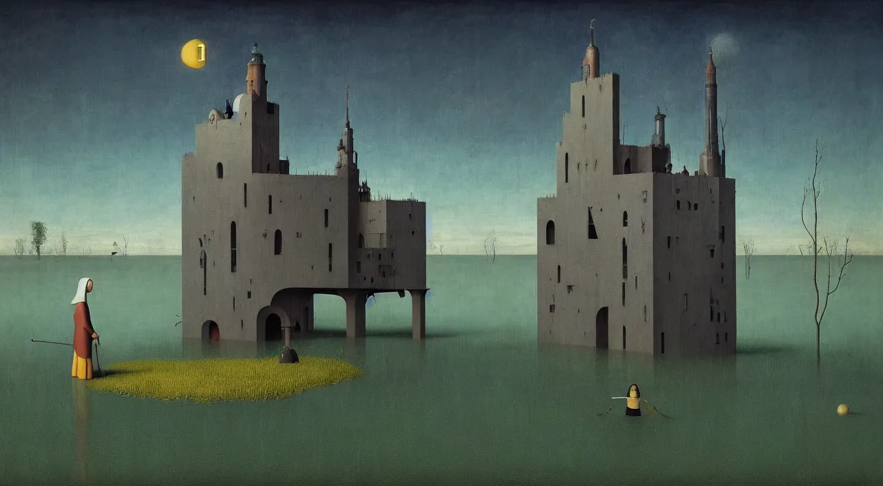 Image similar to single flooded simple!! tower anatomy, very coherent and colorful high contrast masterpiece by franz sedlacek hieronymus bosch dean ellis simon stalenhag rene magritte gediminas pranckevicius, dark shadows, sunny day, hard lighting