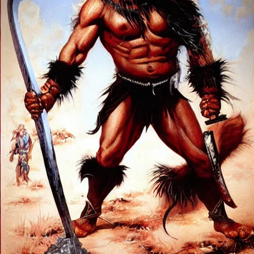 Prompt: “ conan the barbarian ” swings a “ great axe ” at a “ giant black spider, with red eyes ”. painting by ernie chan and earl norem.