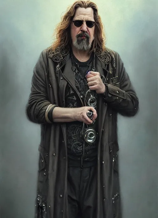 Prompt: a stunning portrait of the dude from the big lebowski by tom bagshaw, charlie bowater, donata giancola, greg rutkowski, wearing an ornate cyberpunk jacket and intricate mechanics, biker fashion, cyberpunk, black magic, octane, pastel colors, mist, dof, ominous backdrop, atmosphere, realism, hyperdetailed, 8 k