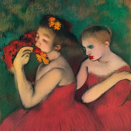 Image similar to girl, in flowers, red lipstick on her face, looks ember heard , Edgar Degas style