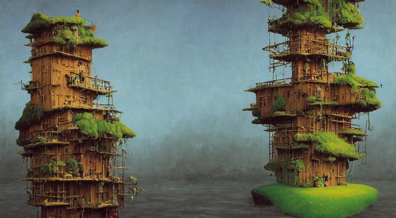 Image similar to single flooded simple wooden moss tower, very coherent and colorful high contrast!! masterpiece by rene magritte simon stalenhag carl spitzweg syd mead norman rockwell edward hopper james gilleard, minimalist, dark shadows, sunny day, hard lighting