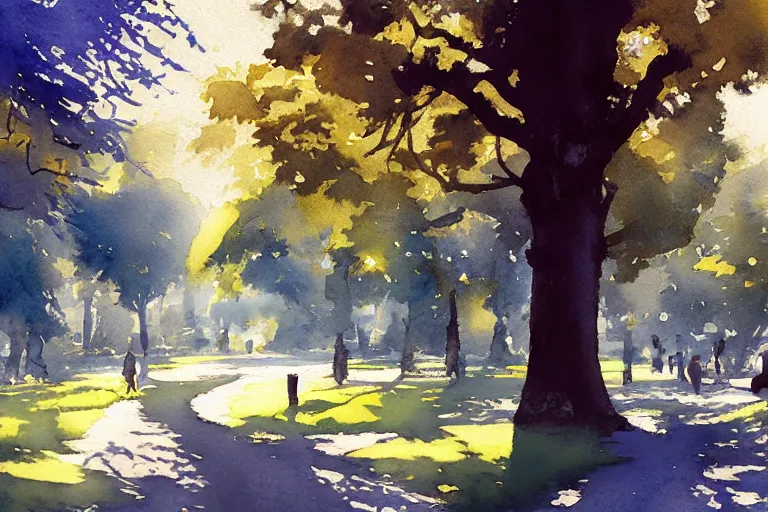 Image similar to small centered on watercolor paper, paint brush strokes, abstract watercolor painting of city park, daylight, shadows, covering foliage over pathway, sunlight, translucent leaves, cinematic light, national romanticism by hans dahl, by jesper ejsing, by anders zorn, by greg rutkowski, by greg manchess, by tyler edlin