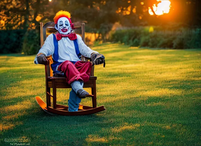 Prompt: a clown resting in a rocking chair, having a cigar, golden hour, canon eos r 3, f / 1. 4, iso 2 0 0, 1 / 1 6 0 s, 8 k, raw, unedited, symmetrical balance, in - frame