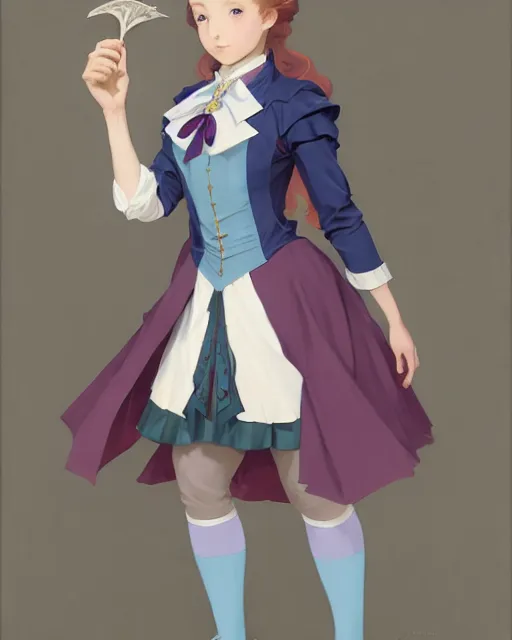 Image similar to late renaissance magical academy girl school uniform with coat, pale cyan and grey fabric, jodhpurs greg manchess painting by sargent and leyendecker, fantasy, medium shot, asymmetrical, intricate, elegant, matte painting, illustration, hearthstone, by greg rutkowski, greg tocchini, james gilleard, joe fenton, moebius, ayami kojima