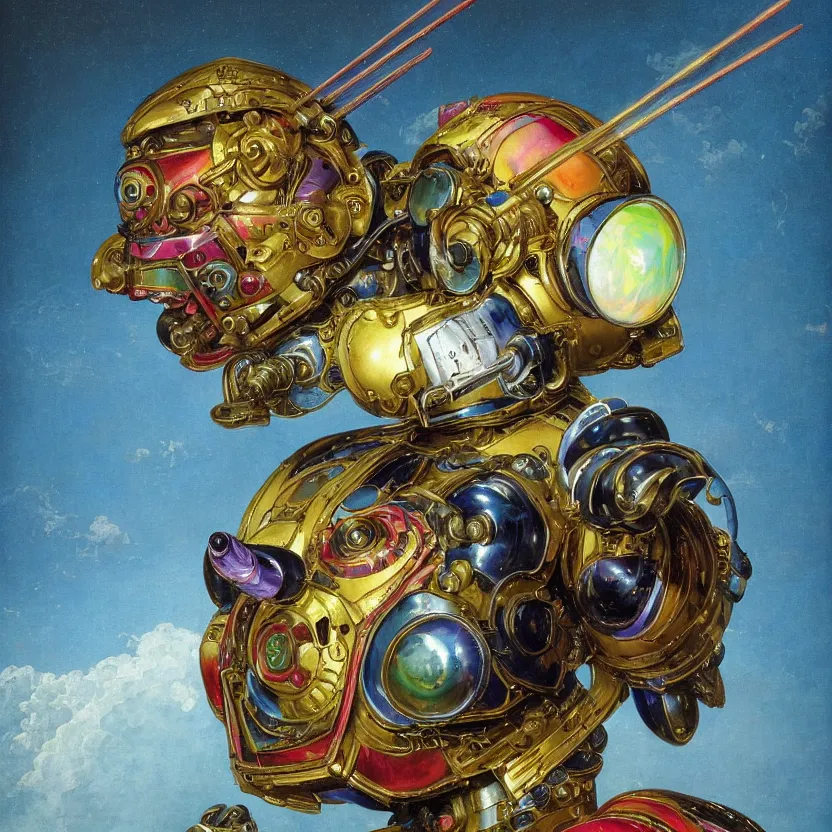 Prompt: a baroque neoclassicist renaissance close - up portrait of a colorful iridescent whimsical 1 8 0 0 s mecha gundam hawk with big glowing eyes. reflective detailed textures. puffy clouds, dark black background. highly detailed fantasy science fic tion painting by moebius, norman rockwell, frank frazetta, and syd mead. rich colors, high contrast. artstation