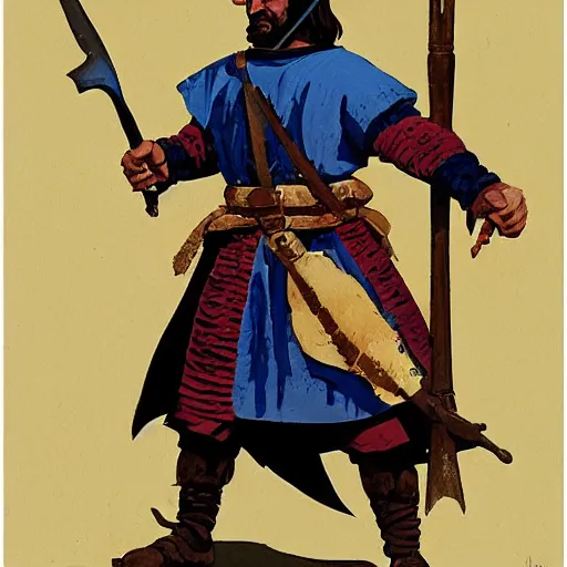 Prompt: a medieval Turkish infantry warrior. HD character design reference, by Angus McBride, gouache.