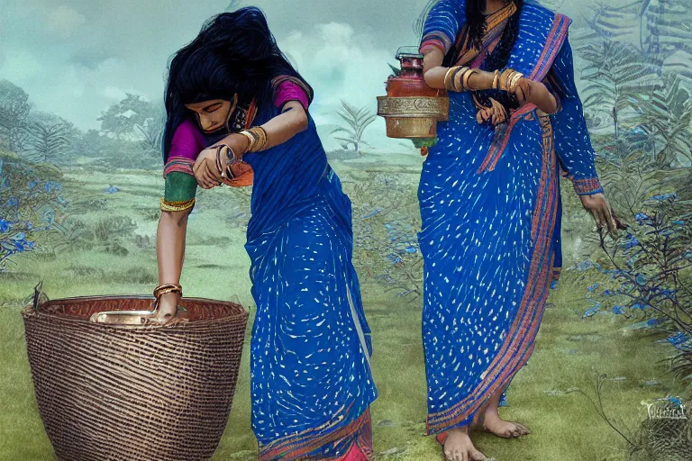 Image similar to an indian women getting water,digital painting, Pre-Raphaelites, highly detailed, concept art, smooth, sharp focus, gold and indigo, illustration, cinematic style, 35mm, art by Yoshitaka Amano