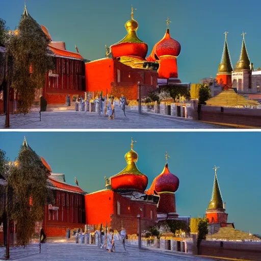 Image similar to chinese - style kremlin and chinese st. basil's cathedral on wide stone square at dawn, portrait of mao on the kremlin, gentle dawn, ultrarealistic, hd, octane rendering, by ivan shishkin and andrei tarkovsky