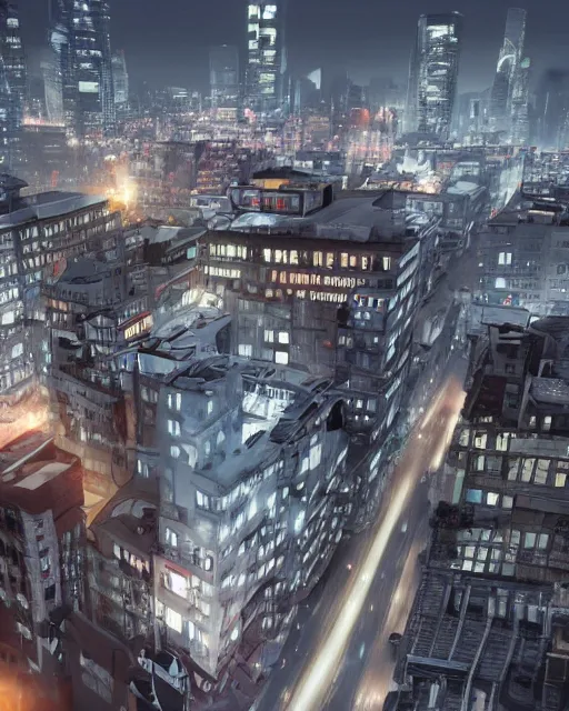 Image similar to a night rooftop scene, light from traffic in the city below, close up shot of a gangster wearing a streetwear trench coat looking at the city below, unreal engine, hyper realism, realistic shading, cinematic composition, realistic render, octane render, detailed textures, in the style of Liam Wong and Makoto Shinkai