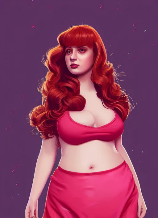 Image similar to full body portrait of teenage cheryl blossom, obese, bangs, sultry, realistic, red hair, sultry smirk, wavy hair, pink skirt, fat, belly, intricate, elegant, glowing lights, highly detailed, digital painting, artstation, concept art, smooth, sharp focus, illustration, art by wlop, mars ravelo and greg rutkowski