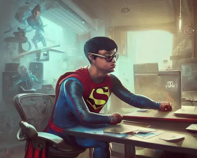 Image similar to an insanely detailed painting of a nerdy asian man wearing a superhero costume, sitting at a desk, staring at the nervously at the computer and typing, in the style of peter mohrbacher, dramatic lighting and composition, surreal background, octane render, pixar, trending on artstation, concept art, comic book, view from behind