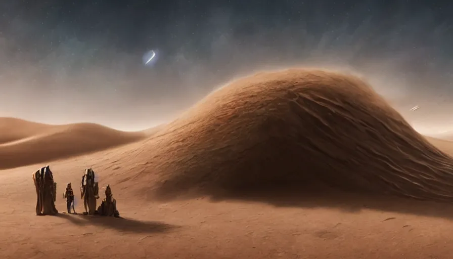 Prompt: a beautiful photo realistic still space image from the movie dune, hyperrealistic, highly detailed by kalin popov and greg rutkowski