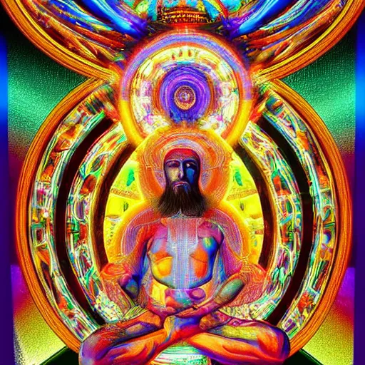 Image similar to god sitting in the center of the multi dimensional latent space conceptualizing our collectively designed divine imaginations, style of visionary art