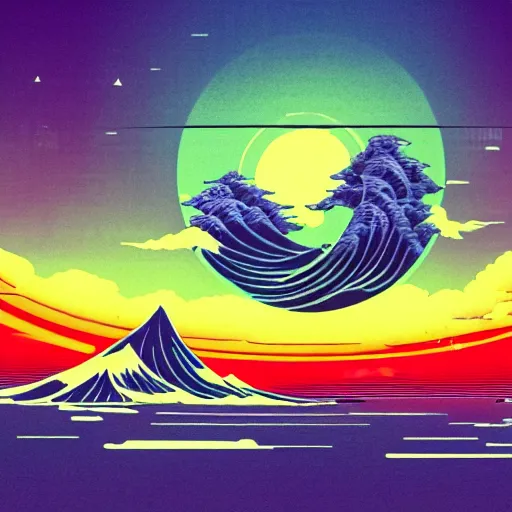 Image similar to a futuristic utopian cityscape that doesn't conform to the laws of physics in the style of the great wave japanese painting, synthwave color scheme