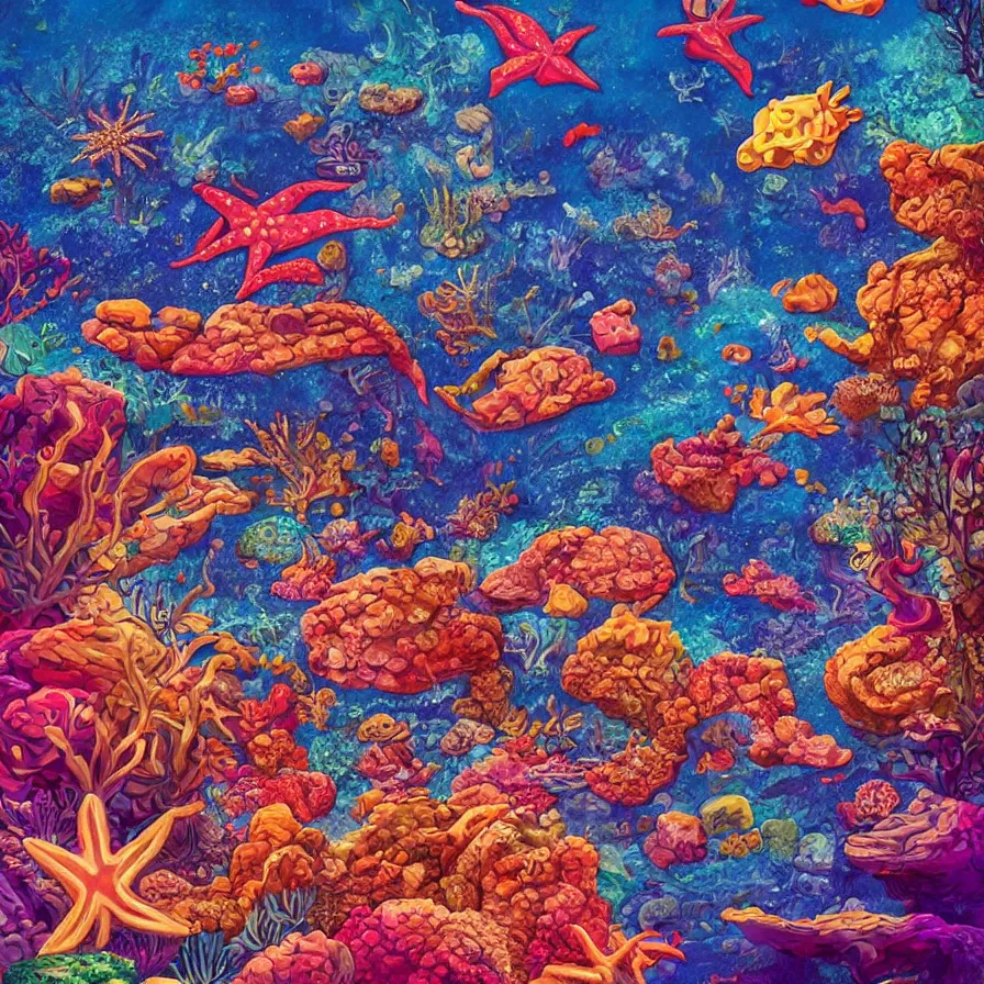 Image similar to album art, retrofuturism, of different coloured corals, with big starfish, creatures, rocky landscape, floating waterfalls, omni magazine, beautiful visuals